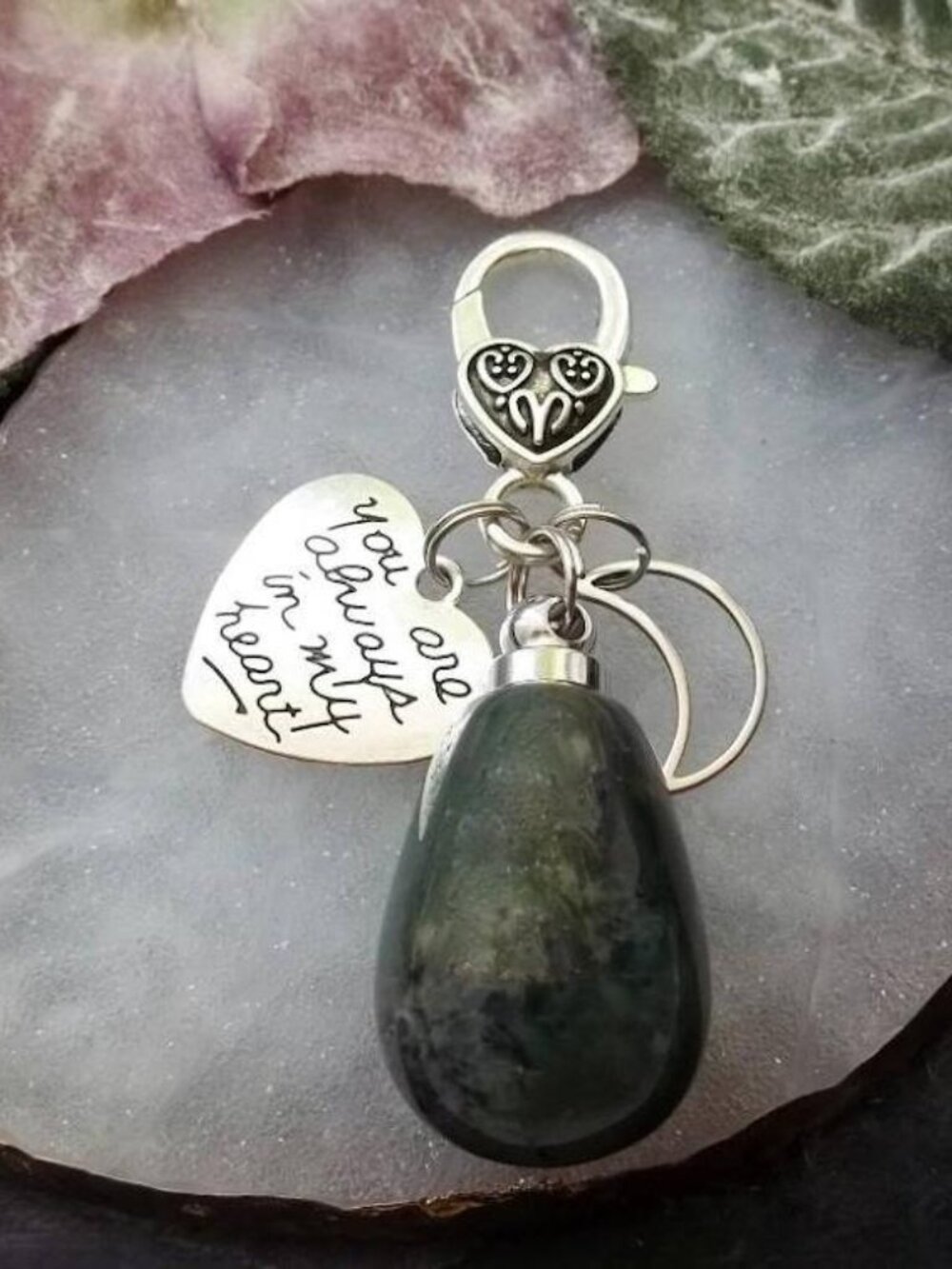 Natural Agate Stone Locket Keychain Heart Sympathy Memorial Charm Moon Celestial
